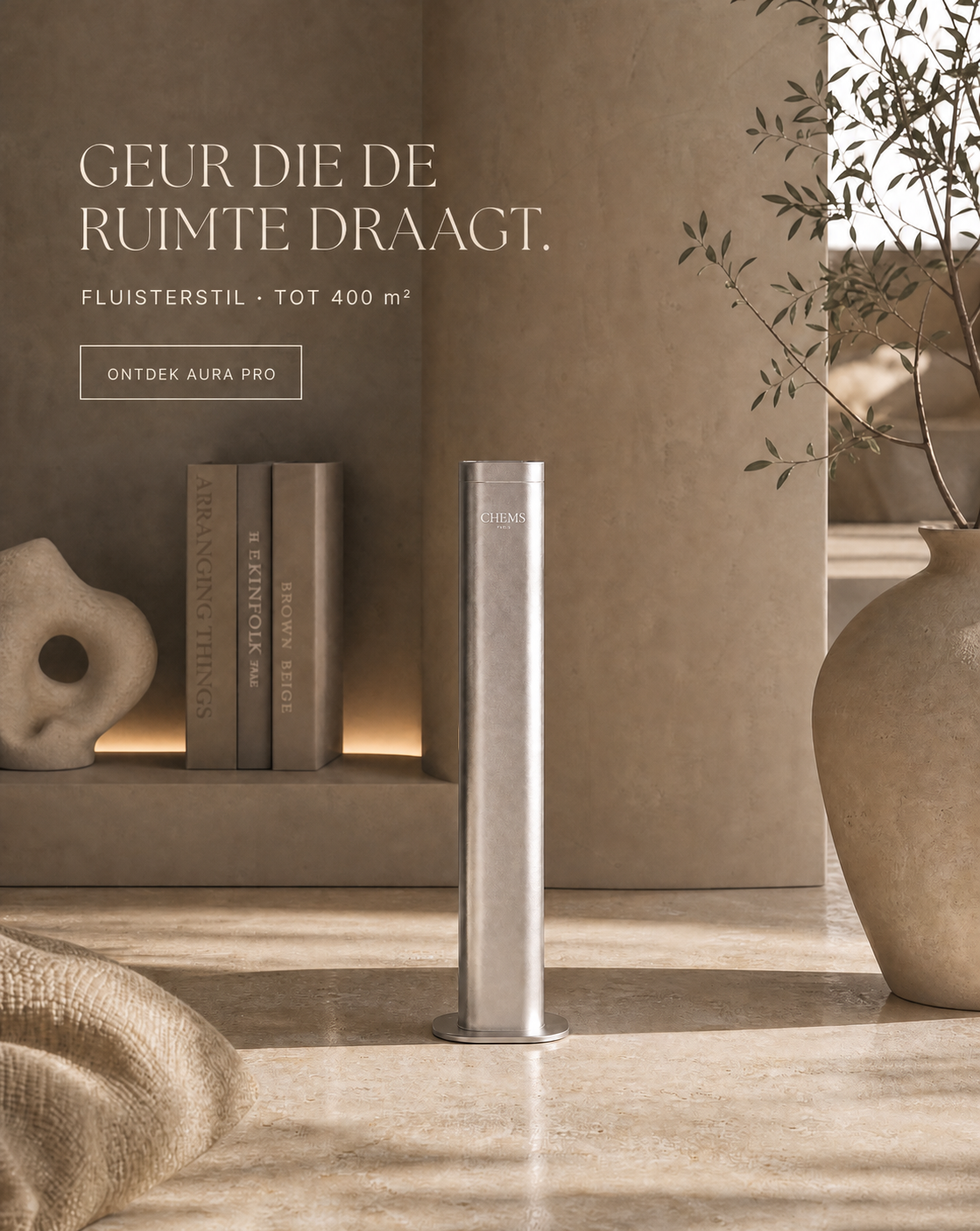 Zilveren CHEMS Aura Pro in een travertin interieur